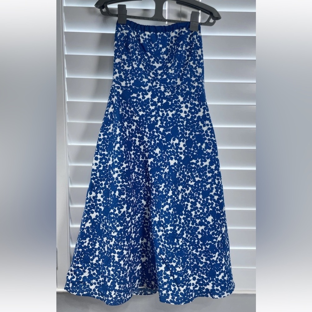 J Crew‎ Strapless Boeing Midi Dress Blue White Flowers Women’s 0 Fully Lined Zip